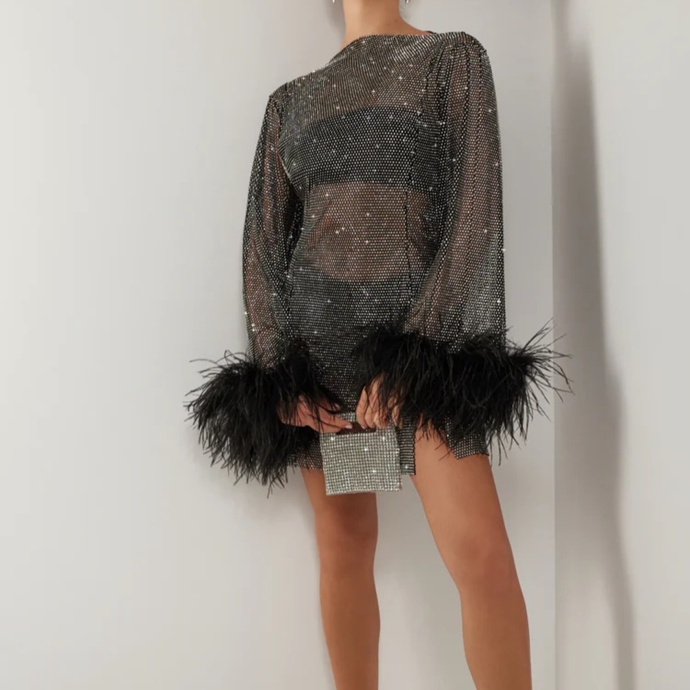 Black crystal embellished mesh mini dress